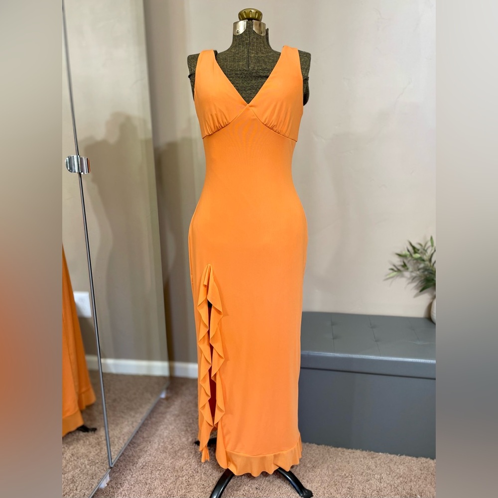 Orange Mesh Bodycon Maxi Dress Slit Ruffle Vacation Resort Party Wedding Guest